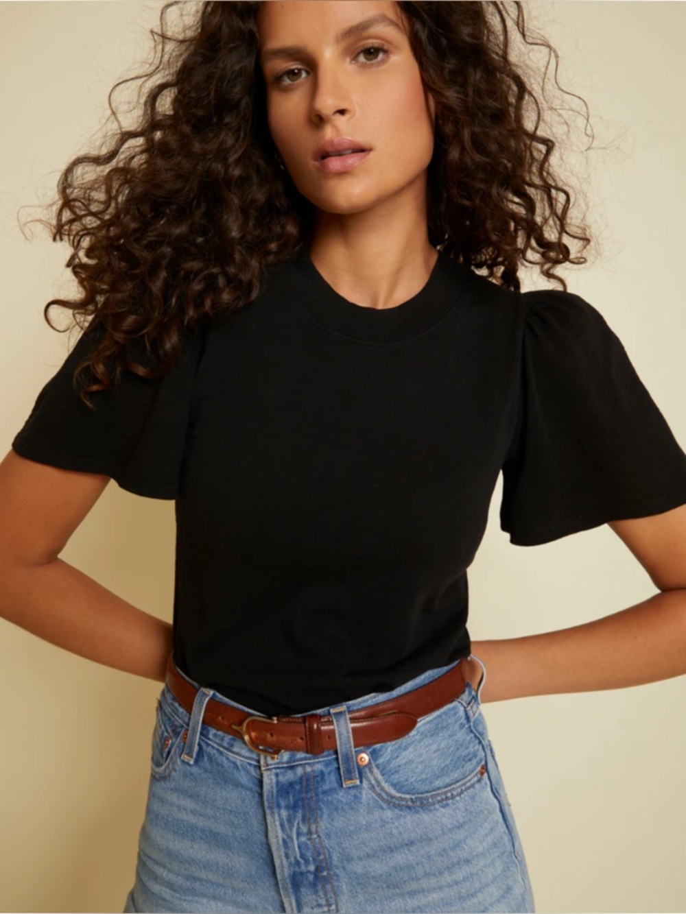 NATION LTD | Savanna Flutter-Sleeve Pima Cotton Top in Jet Black, Size XS